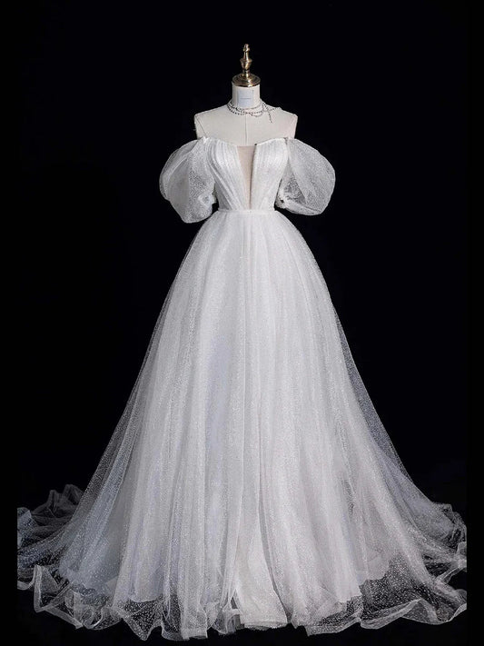 Vestido de fiesta largo de tul blanco, hombros descubiertos, manga corta, vestido formal de noche TP938