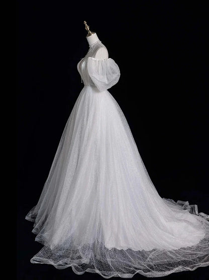 Vestido de fiesta largo de tul blanco, hombros descubiertos, manga corta, vestido formal de noche TP938