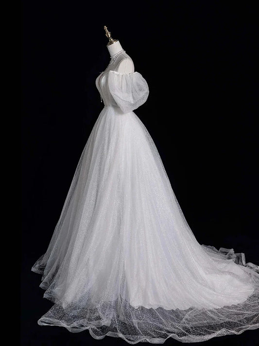 Vestido de fiesta largo de tul blanco, hombros descubiertos, manga corta, vestido formal de noche TP938
