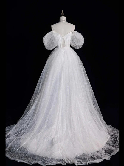 Vestido de fiesta largo de tul blanco, hombros descubiertos, manga corta, vestido formal de noche TP938