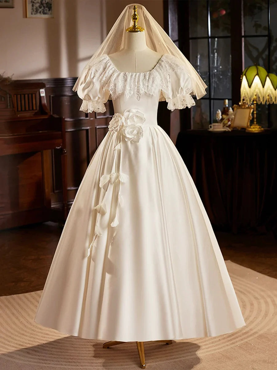 Vestido de fiesta de satén blanco, largo hasta la rodilla con encaje, estilo retro, corte A, TP939