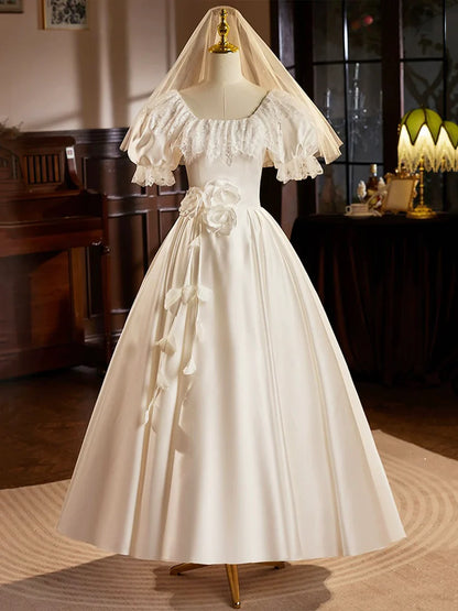 Vestido de fiesta de satén blanco, largo hasta la rodilla con encaje, estilo retro, corte A, TP939