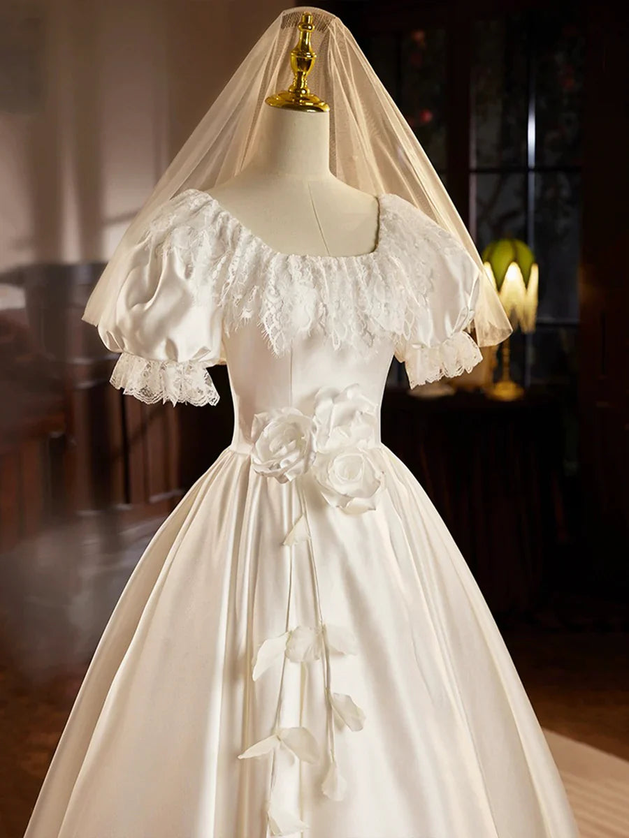 Vestido de fiesta de satén blanco, largo hasta la rodilla con encaje, estilo retro, corte A, TP939