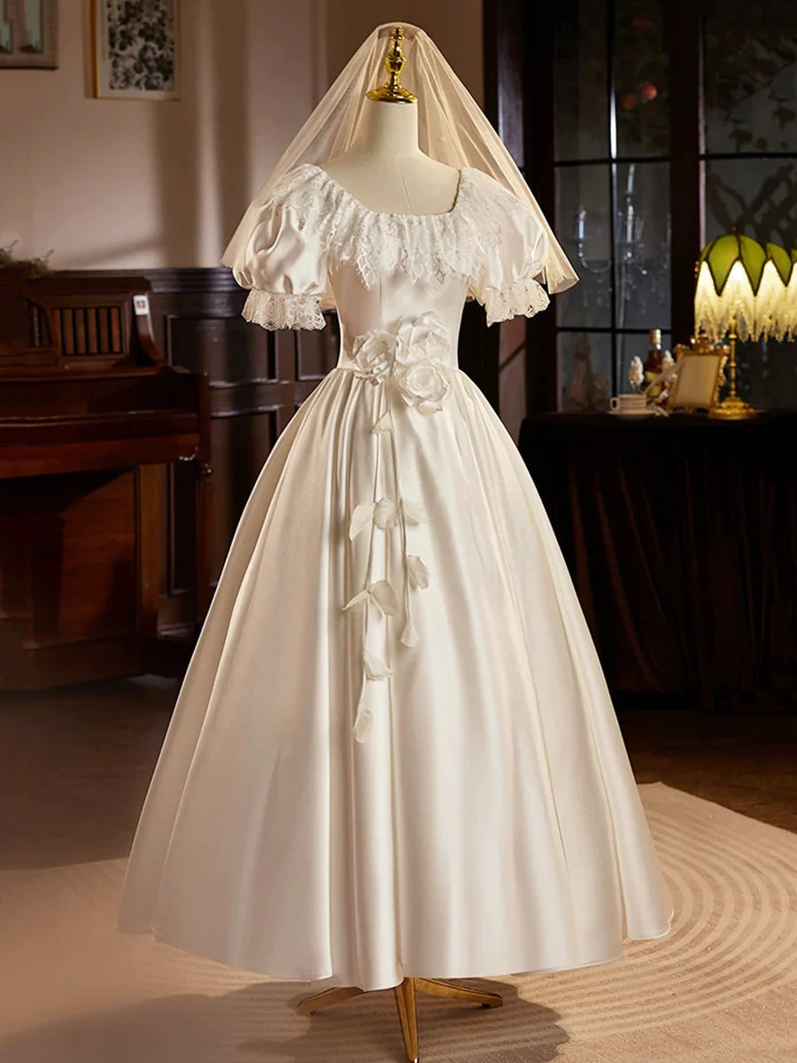 Vestido de fiesta de satén blanco, largo hasta la rodilla con encaje, estilo retro, corte A, TP939
