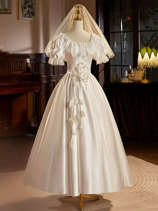 Vestido de fiesta de satén blanco, largo hasta la rodilla con encaje, estilo retro, corte A, TP939