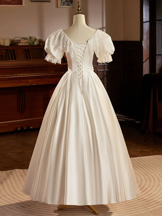 Vestido de fiesta de satén blanco, largo hasta la rodilla con encaje, estilo retro, corte A, TP939