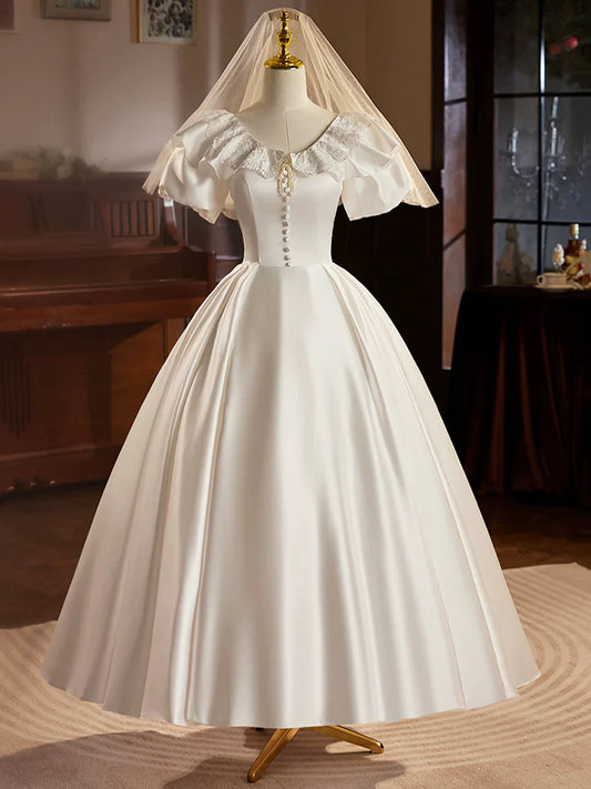 Vestido de fiesta de satén retro, largo hasta la rodilla con encaje, blanco, corte A, TP940
