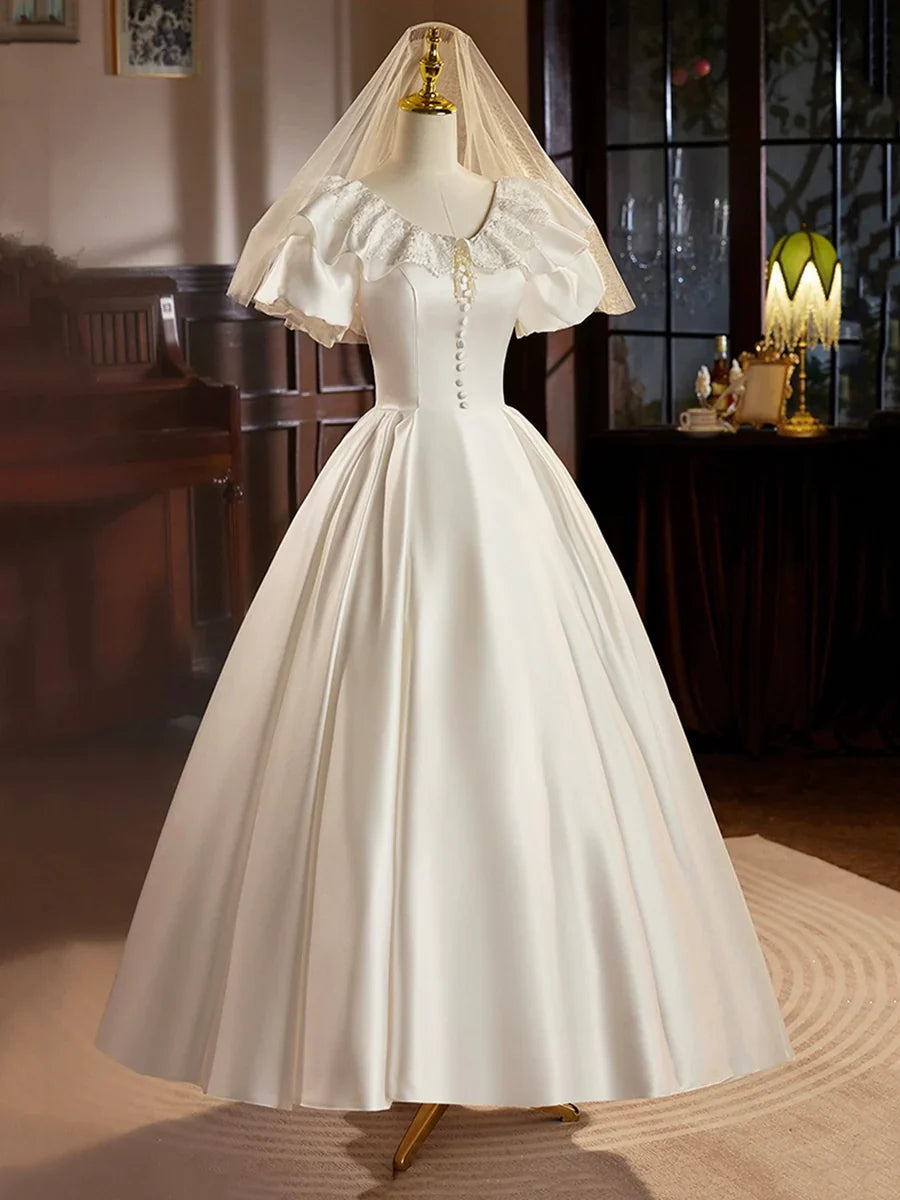 Vestido de fiesta de satén retro, largo hasta la rodilla con encaje, blanco, corte A, TP940
