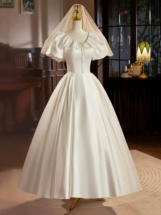 Vestido de fiesta de satén retro, largo hasta la rodilla con encaje, blanco, corte A, TP940