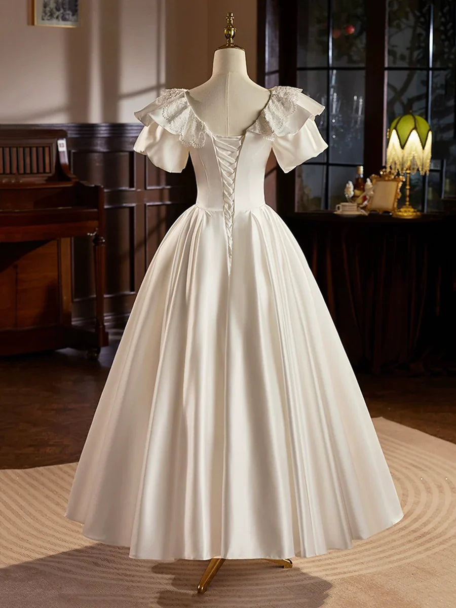 Vestido de fiesta de satén retro, largo hasta la rodilla con encaje, blanco, corte A, TP940
