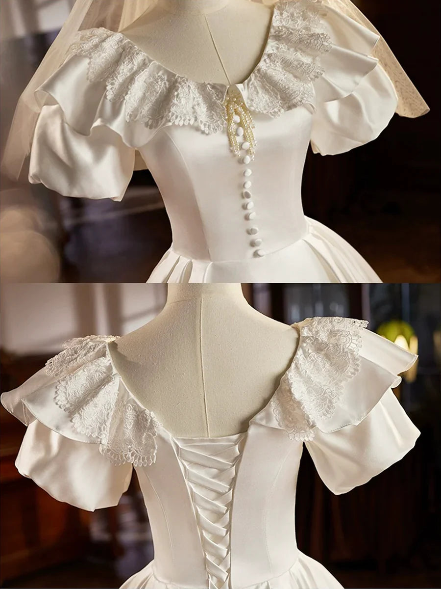 Vestido de fiesta de satén retro, largo hasta la rodilla con encaje, blanco, corte A, TP940