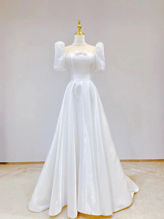 Vestido de fiesta blanco de satén, de manga corta y largo hasta el suelo, corte en A, TP942