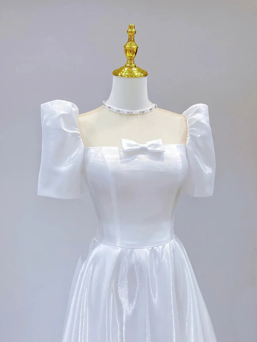 Vestido de fiesta blanco de satén, de manga corta y largo hasta el suelo, corte en A, TP942
