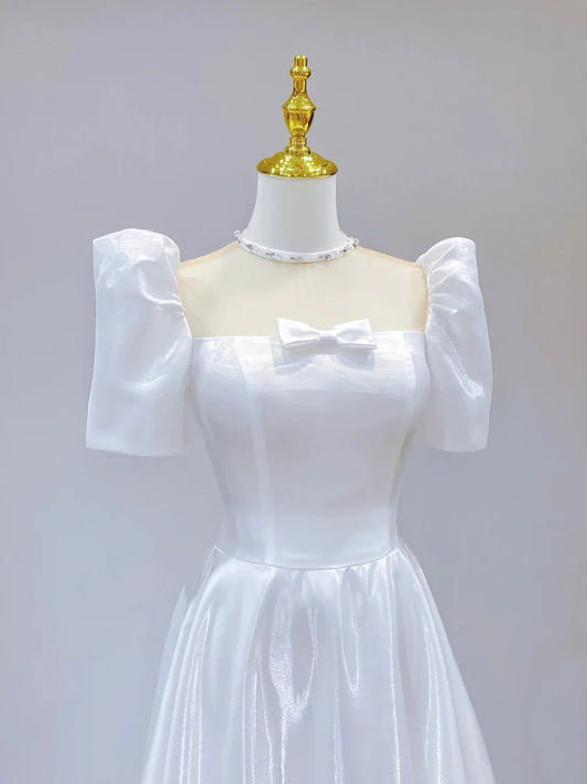 Vestido de fiesta blanco de satén, de manga corta y largo hasta el suelo, corte en A, TP942