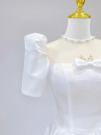 Vestido de fiesta blanco de satén, de manga corta y largo hasta el suelo, corte en A, TP942