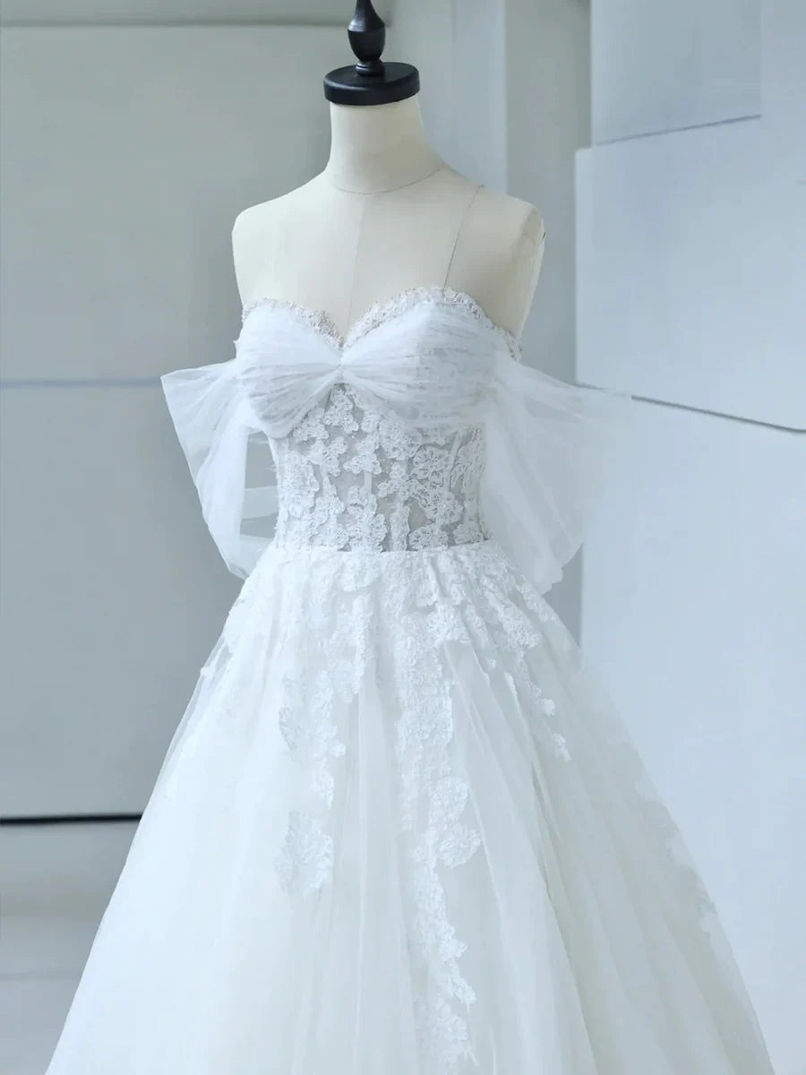 Vestido de fiesta largo de tul blanco con encaje y corsé, escote corazón y hombros descubiertos TP943