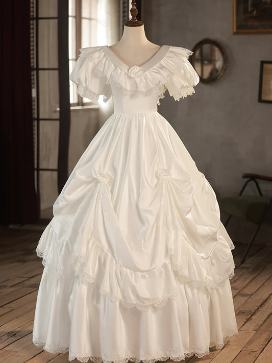 Vestido de fiesta largo de satén blanco con escote en V y encaje para novia TP945