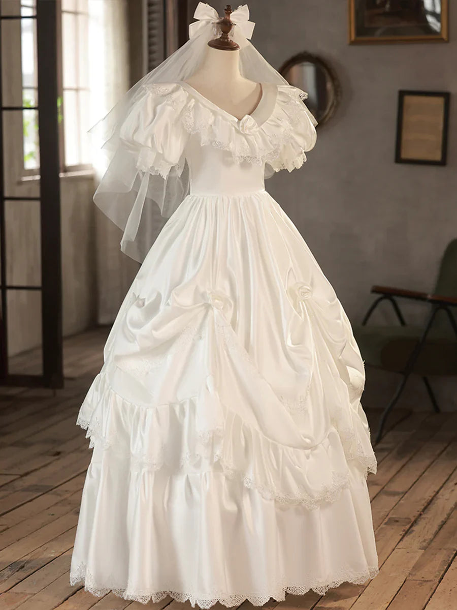 Vestido de fiesta largo de satén blanco con escote en V y encaje para novia TP945