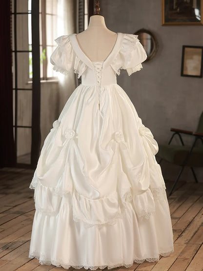 Vestido de fiesta largo de satén blanco con escote en V y encaje para novia TP945