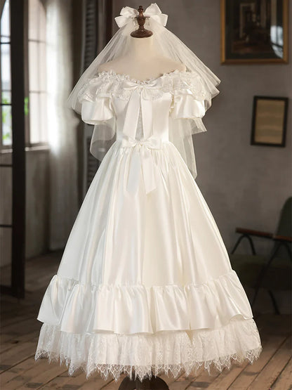Vestido de fiesta corto de satén blanco con encaje, vestido de noche con hombros descubiertos, vestido de novia TP946