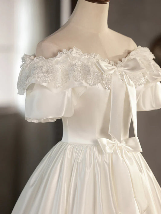 Vestido de fiesta corto de satén blanco con encaje, vestido de noche con hombros descubiertos, vestido de novia TP946