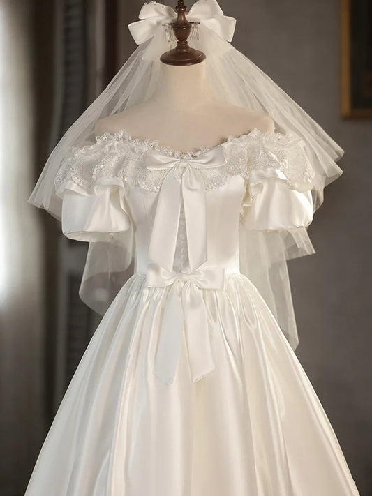 Vestido de fiesta corto de satén blanco con encaje, vestido de noche con hombros descubiertos, vestido de novia TP946