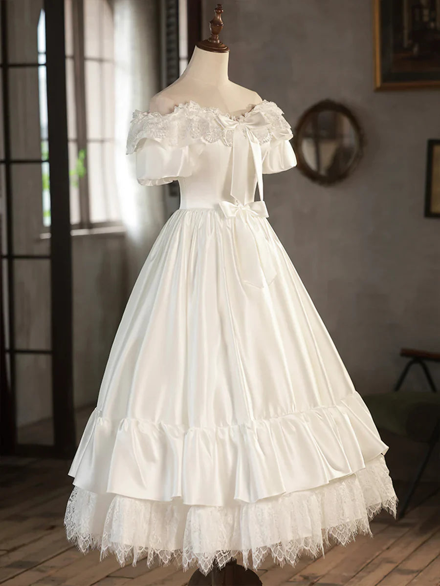 Vestido de fiesta corto de satén blanco con encaje, vestido de noche con hombros descubiertos, vestido de novia TP946