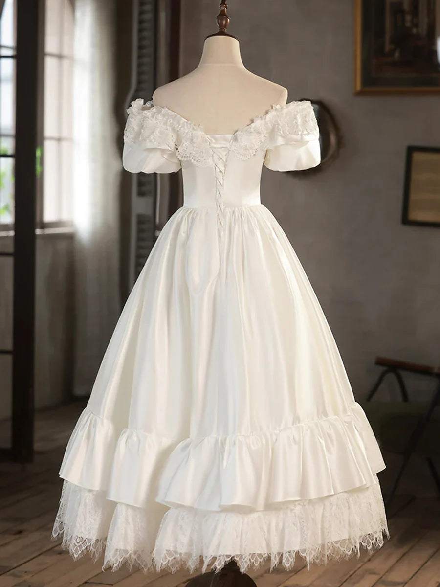Vestido de fiesta corto de satén blanco con encaje, vestido de noche con hombros descubiertos, vestido de novia TP946
