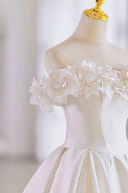 Vestido de novia largo de satén blanco, corte A, con flores y lazo TP952