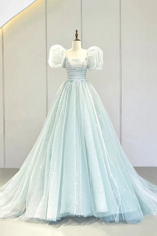 Precioso vestido de noche formal de tul con mangas abullonadas, vestido de fiesta largo de corte A TP955