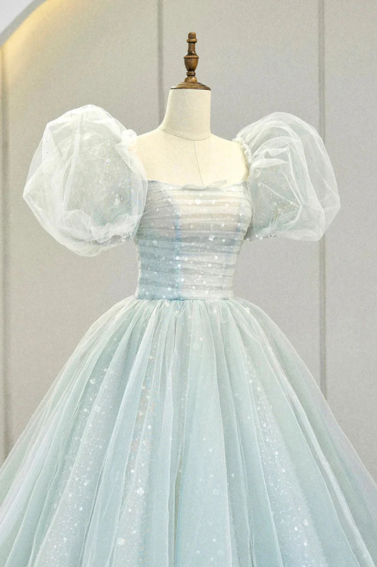 Precioso vestido de noche formal de tul con mangas abullonadas, vestido de fiesta largo de corte A TP955