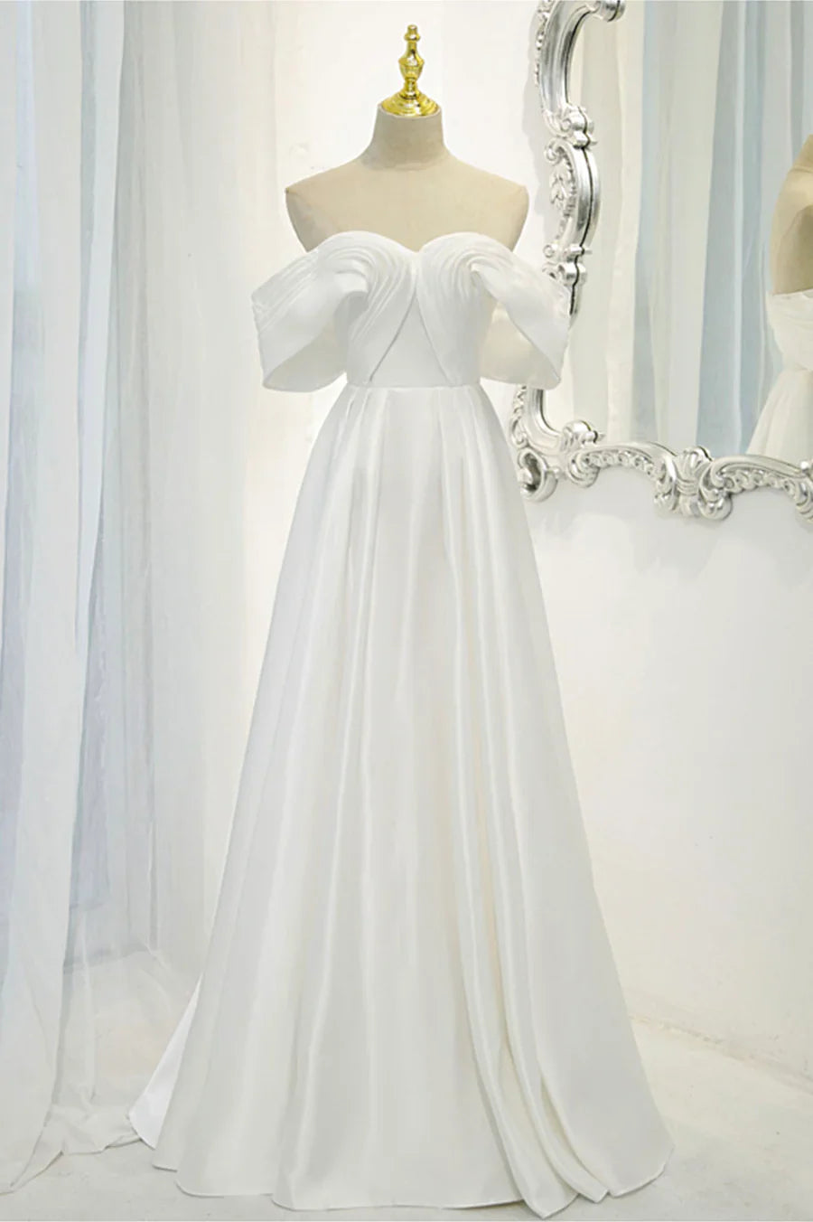 Vestido de fiesta largo de satén blanco, vestido de noche con hombros descubiertos TP957