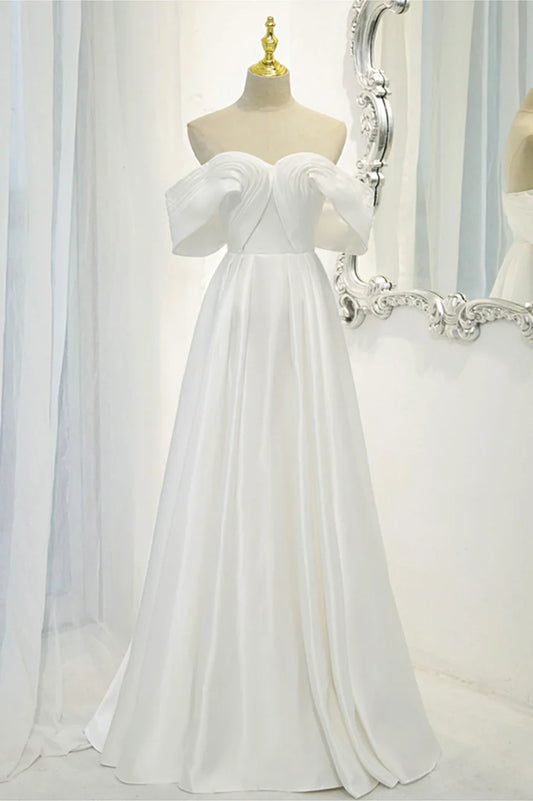 Vestido de fiesta largo de satén blanco, vestido de noche con hombros descubiertos TP957