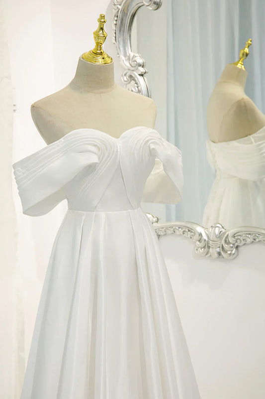 Vestido de fiesta largo de satén blanco, vestido de noche con hombros descubiertos TP957