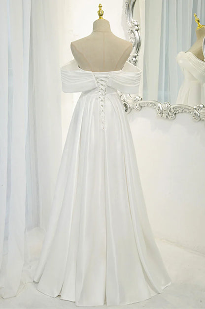 Vestido de fiesta largo de satén blanco, vestido de noche con hombros descubiertos TP957