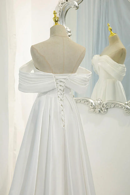 Vestido de fiesta largo de satén blanco, vestido de noche con hombros descubiertos TP957