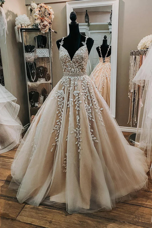 Vestidos de fiesta largos de tul color champán con encaje, vestidos de noche formales de corte A TP960