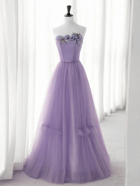 Precioso vestido de fiesta largo de tul morado con corte en A y flores, TP969