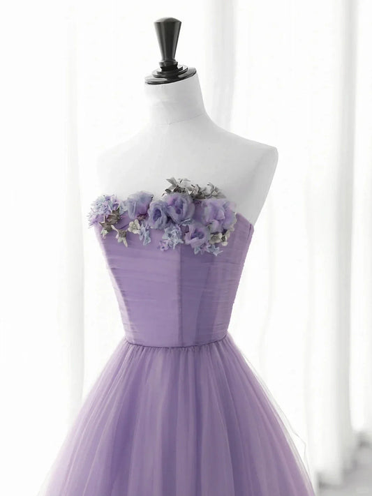Precioso vestido de fiesta largo de tul morado con corte en A y flores, TP969