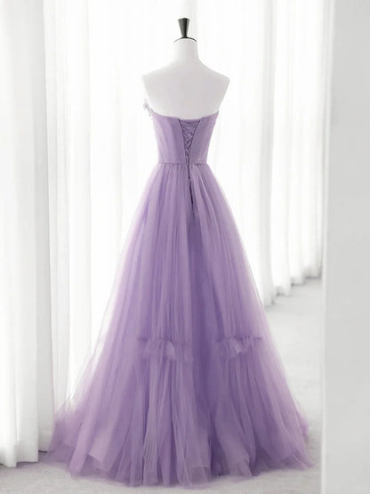 Precioso vestido de fiesta largo de tul morado con corte en A y flores, TP969