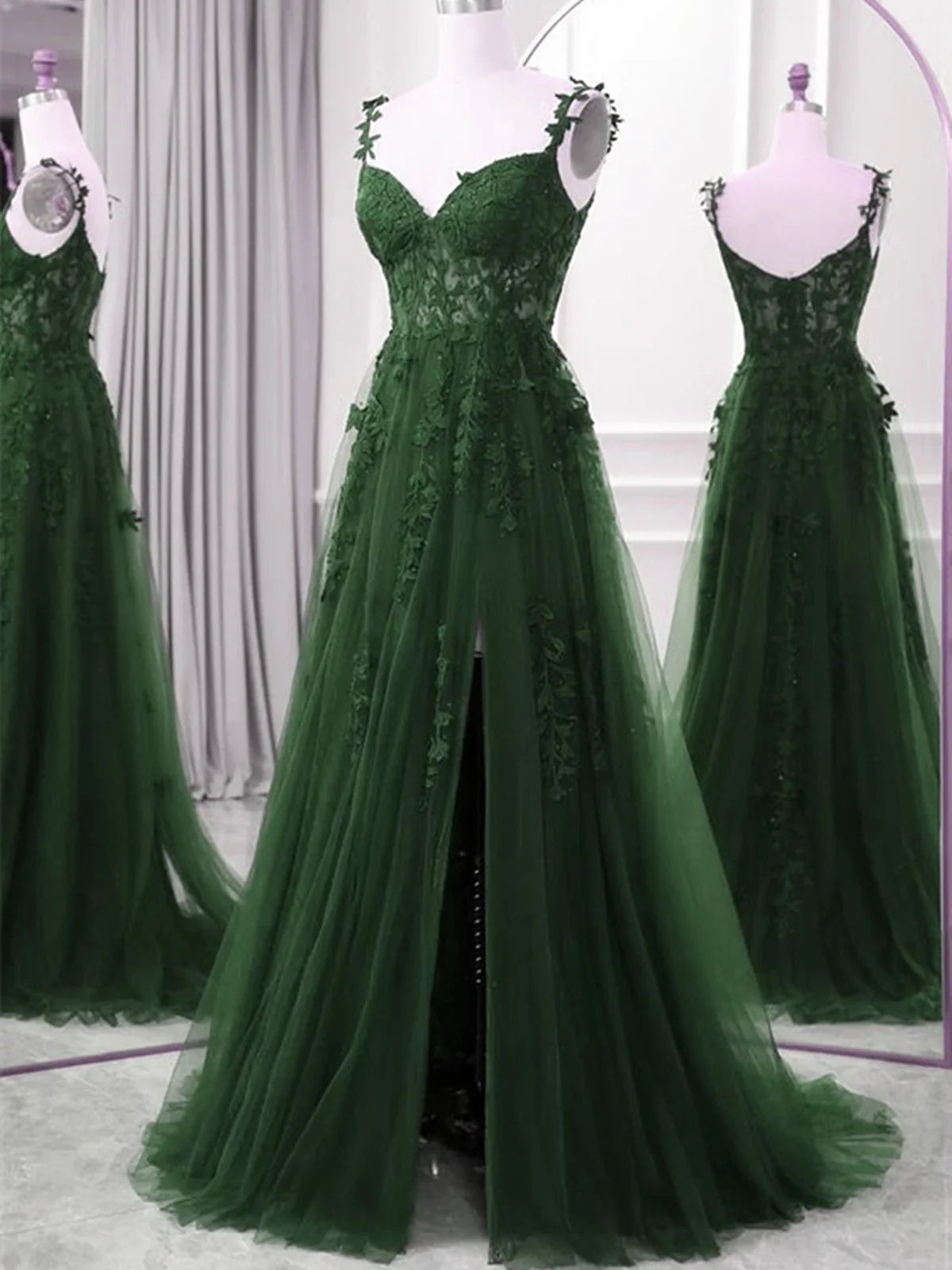 Green A-line Tulle with Lace Straps Floor Length Party Dress, Green Tulle Prom Dress TP972