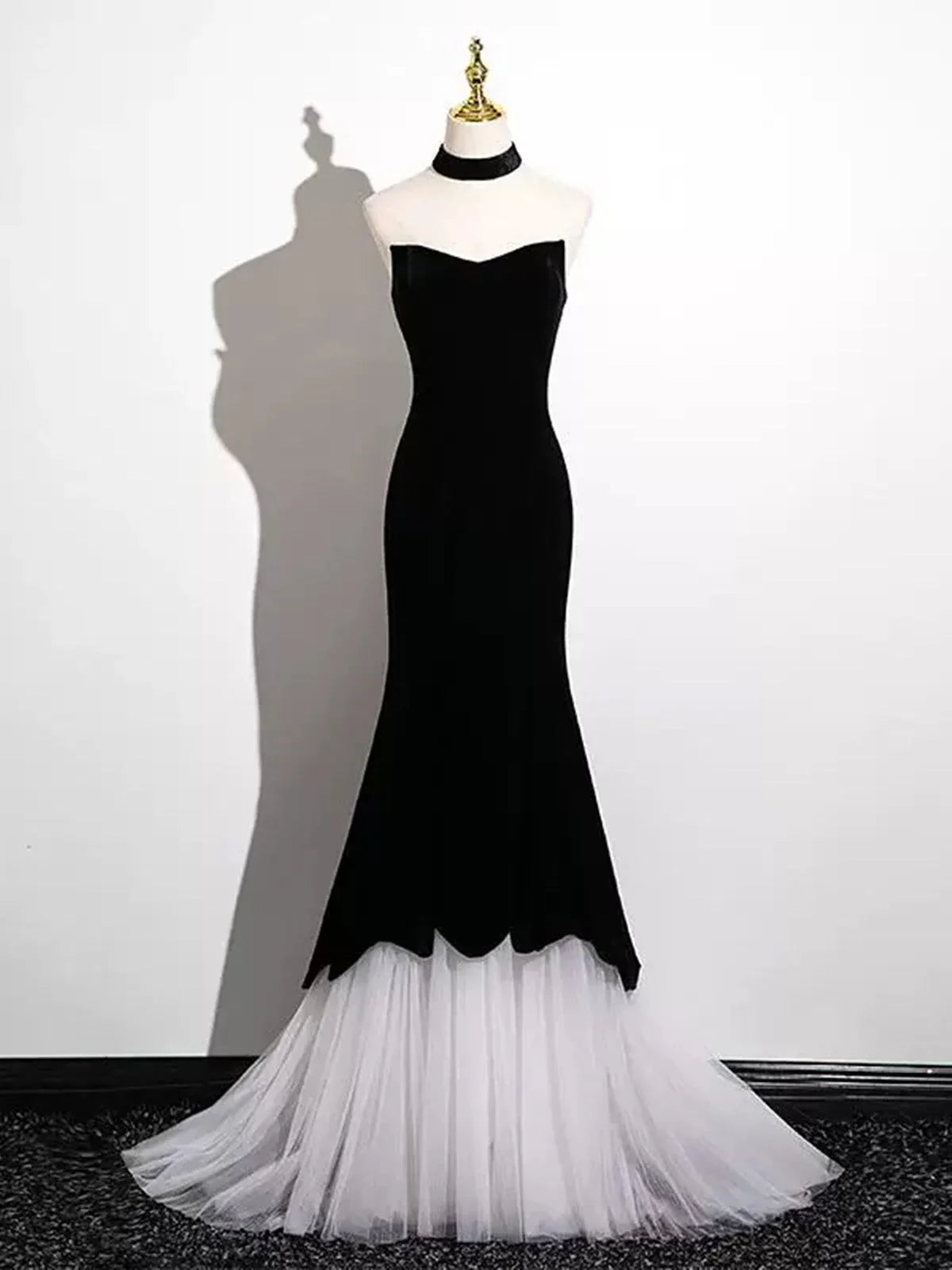 Black and White Mermaid Long Formal Dress Evening Dress, Black and White Prom Dress TP973