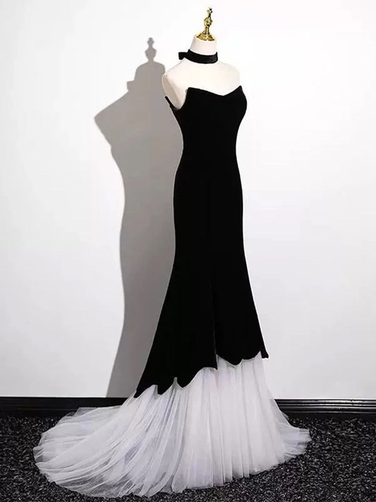 Black and White Mermaid Long Formal Dress Evening Dress, Black and White Prom Dress TP973