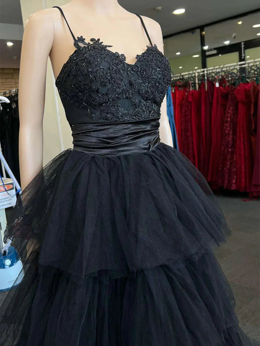 A-line Black Layers Tulle with Lace Straps Party Dress, Black Tulle Prom Dress TP974