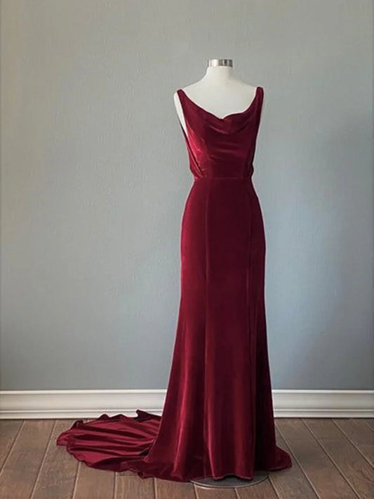 Vestido de fiesta de terciopelo rojo vino con tirantes sin espalda, vestido de fiesta de terciopelo rojo vino TP975