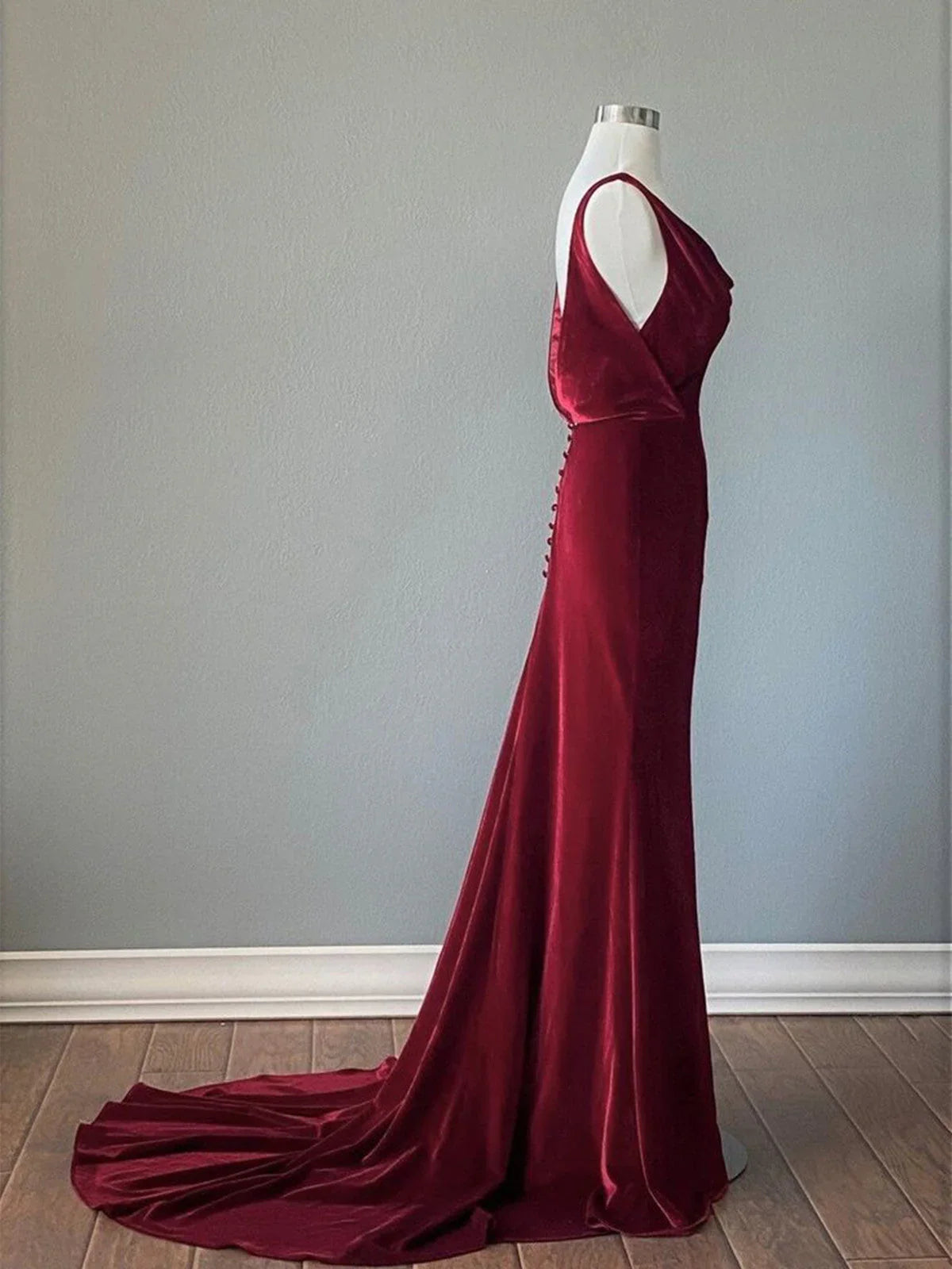 Vestido de fiesta de terciopelo rojo vino con tirantes sin espalda, vestido de fiesta de terciopelo rojo vino TP975