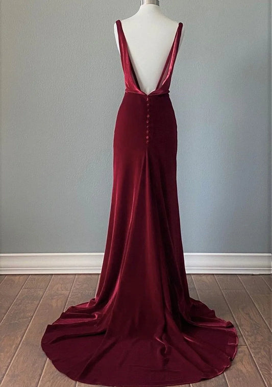 Vestido de fiesta de terciopelo rojo vino con tirantes sin espalda, vestido de fiesta de terciopelo rojo vino TP975