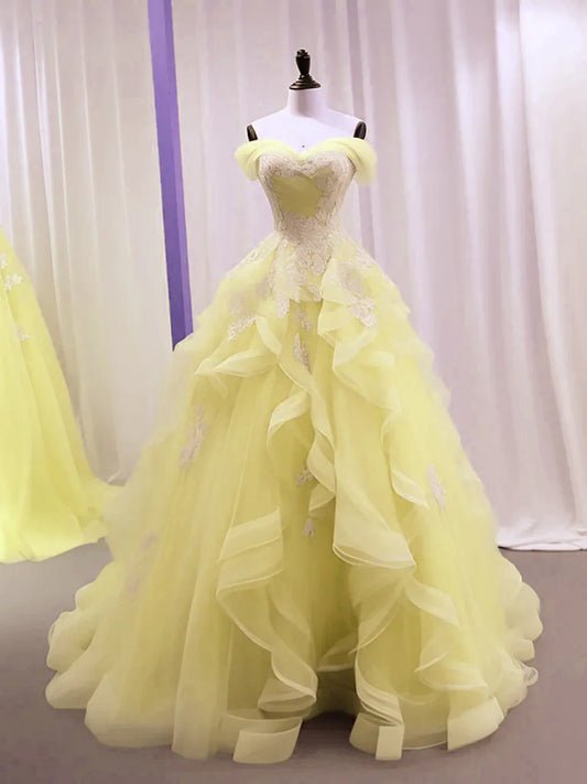 Vestido formal largo de tul amarillo con escote corazón y encaje, vestido de fiesta de tul amarillo TP978