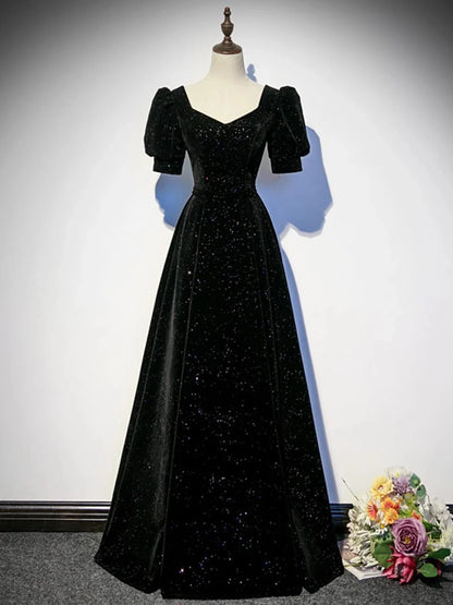 Black A-line Velvet Long Prom Dress Party Dress, Black Short Sleeves Prom Dress TP981
