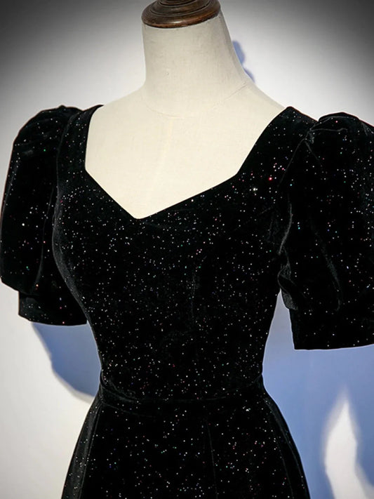 Black A-line Velvet Long Prom Dress Party Dress, Black Short Sleeves Prom Dress TP981